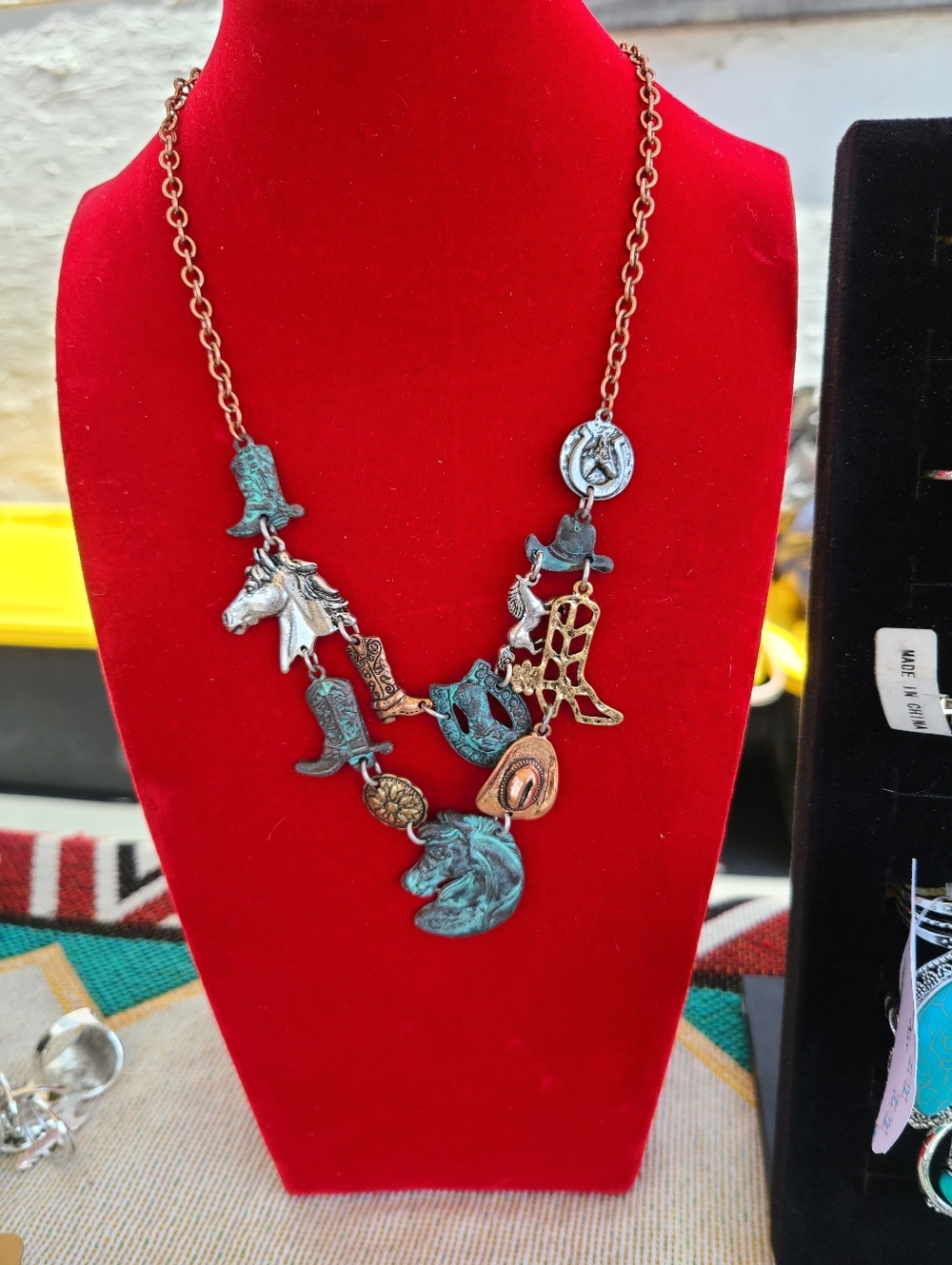 Western Charm Multi-Tone Horse & Boot Necklace - Turquoise/Antique Gold